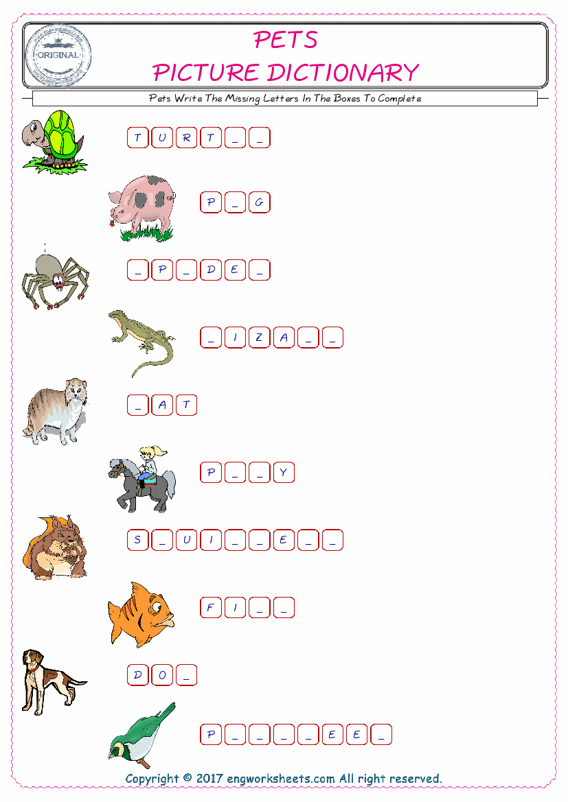  Type in the blank and learn the missing letters in the Pets words given for kids English worksheet. 